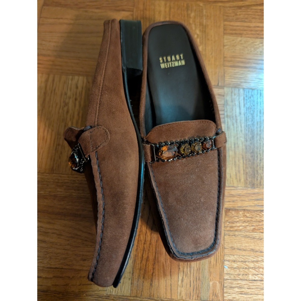 Stuart Weitzman Suede Loafers Brown Jeweled Preppy Block Heel Size 7.5 Y2K 7 1/2 - Picture 4 of 6